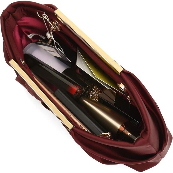 ⚡ Women's Elegant Evening Pleated Satin Simple Classy Dark Red Clutch Bag - Picture 4 of 7